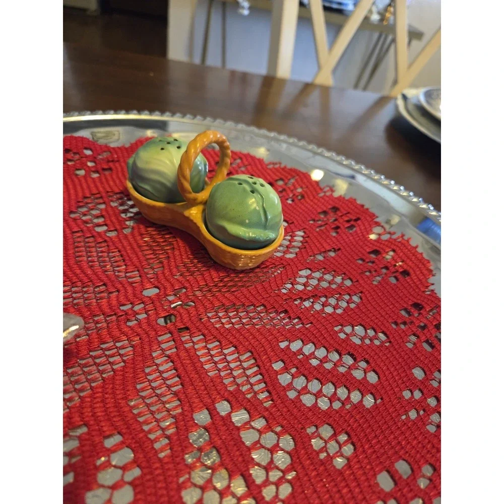 vintage Cabbage Head ceramic salt and pepper shakers In Basket